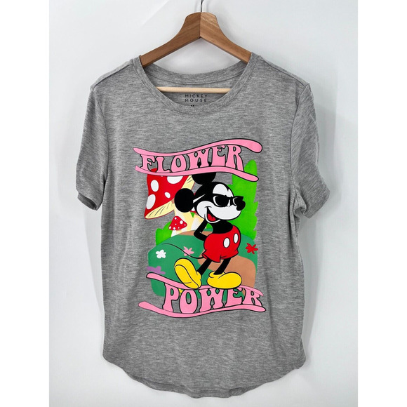 Disney Mickey Mouse FLOWER POWERT Shirt Short Sleeve Gray Juniors Size XXL 2XL - Picture 1 of 5